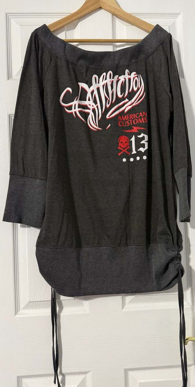 Affliction American Customs Charcoal Heather Long Sleeve Off Shoulder Top Shirt
